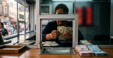 Ventanilla de una casa de cambio con un tablero de precios de compra y venta del dólar y billetes de pesos y dólares sobre el mostrador