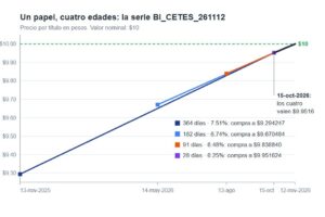 Gráfica de cuatro líneas de precio de Cetes de 364, 182, 91 y 28 días que se juntan y llegan a 10 pesos el 12 de noviembre de 2026