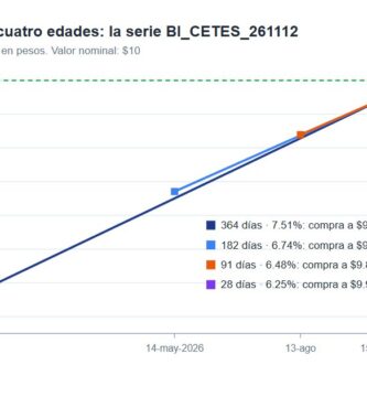 Gráfica de cuatro líneas de precio de Cetes de 364, 182, 91 y 28 días que se juntan y llegan a 10 pesos el 12 de noviembre de 2026