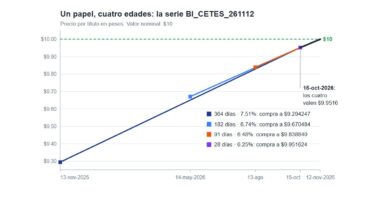 Gráfica de cuatro líneas de precio de Cetes de 364, 182, 91 y 28 días que se juntan y llegan a 10 pesos el 12 de noviembre de 2026